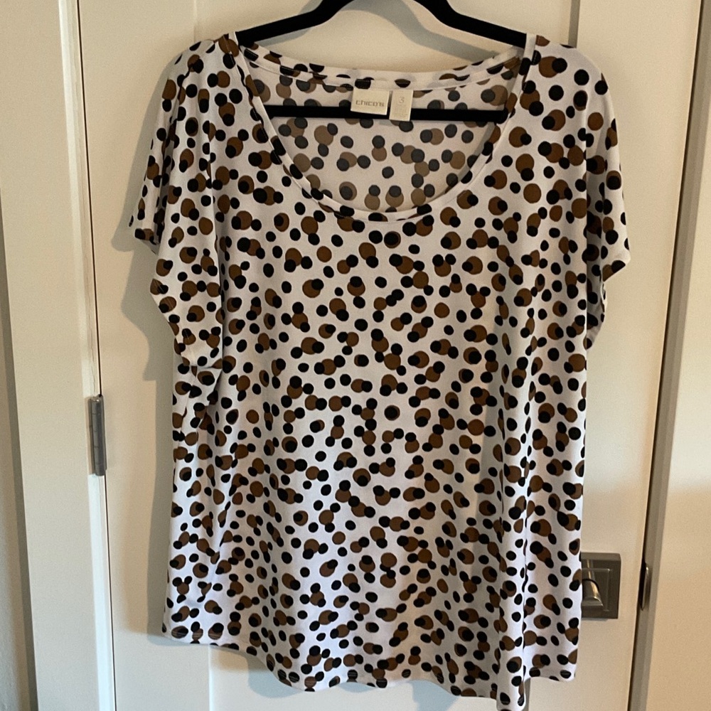 Chico's White and Brown Polka Dot Short Sleeve Top